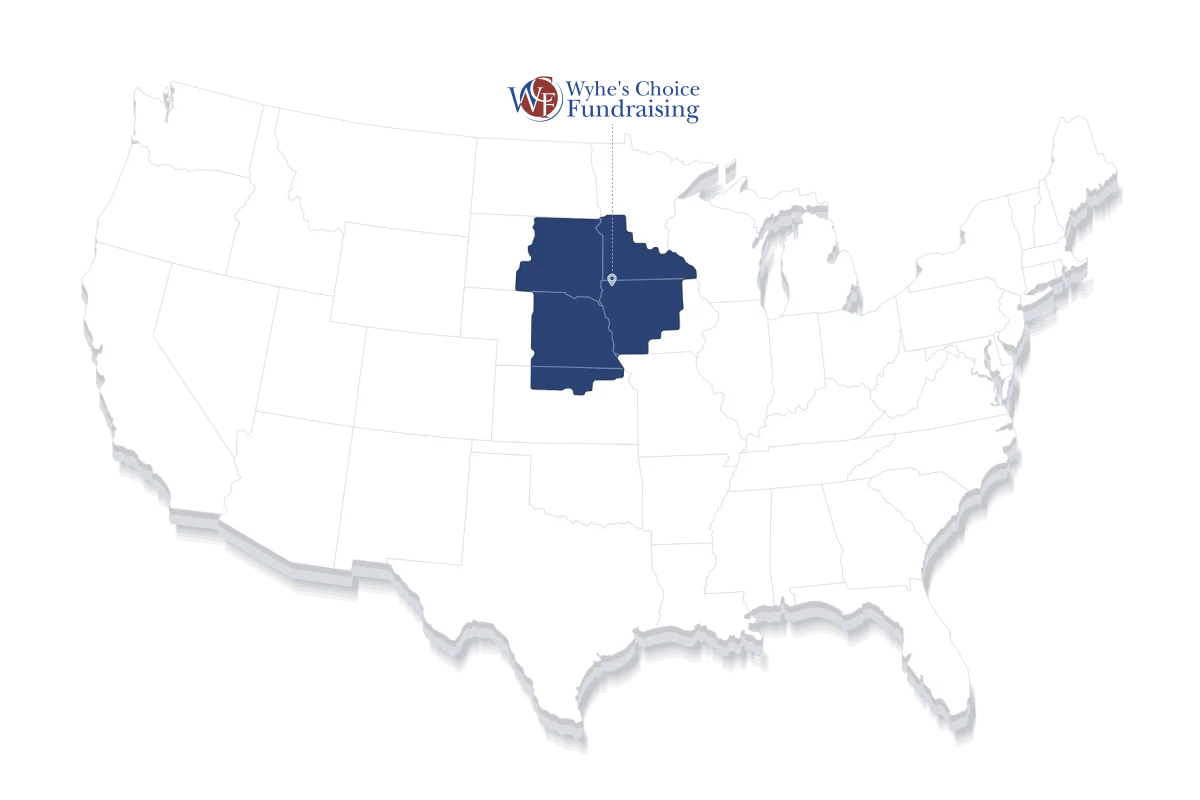 Wyhe's Choice Fundraising delivery territory covering Iowa, Minnesota, South Dakota, Nebraska, and Kansas