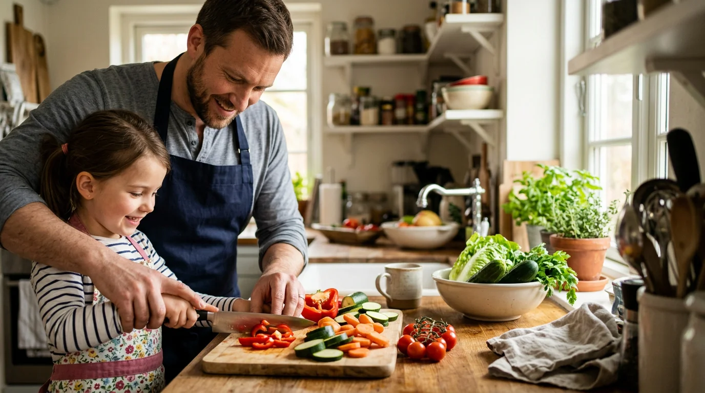 Father and daughter preparing fresh vegetables together in a kitchen