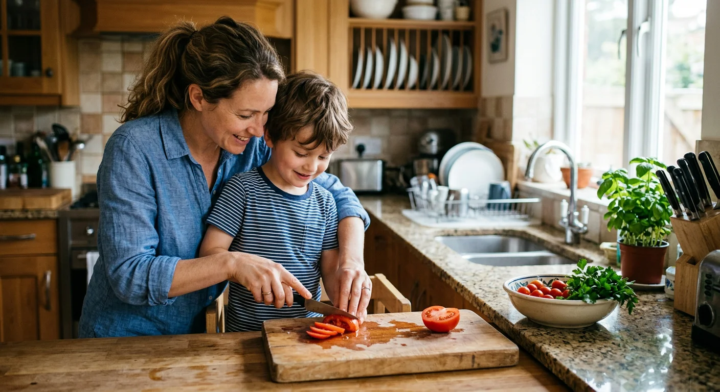 Mother and child preparing fresh ingredients in a kitchen
