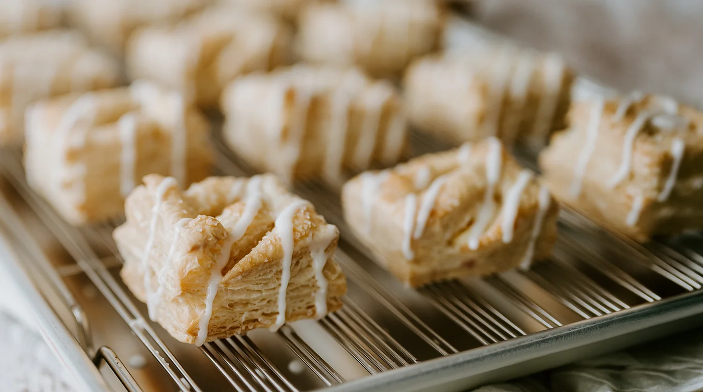 Golden flaky pastry puffins drizzled with icing on a cooling rack