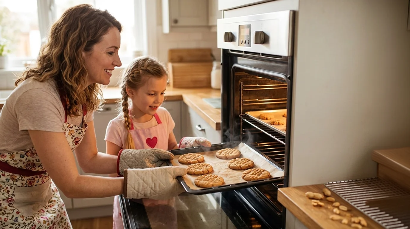 Mother and daughter baking fresh cookies together in a kitchen